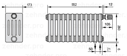 Схема (чертеж) Радиатор Zehnder Charleston 5026/12 №V002 Белый глянцевый RAL 9016
